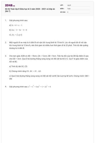 Đề thi Toán lớp 8 Giữa học kì 2 năm 2020 - 2021 có đáp án (Đề 7)