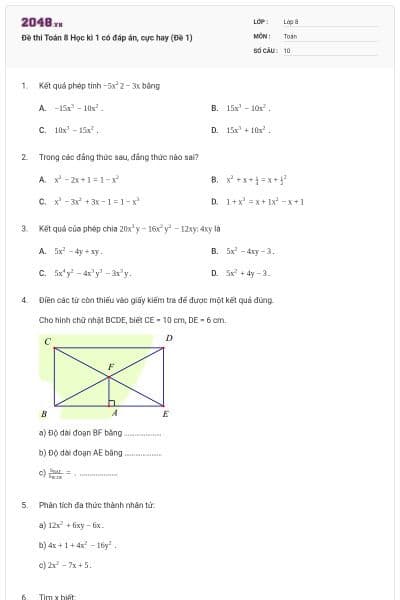 Đề thi Toán 8 Học kì 1 có đáp án, cực hay (Đề 1)