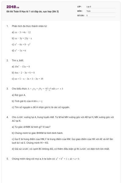 Đề thi Toán 8 Học kì 1 có đáp án, cực hay (Đề 3)