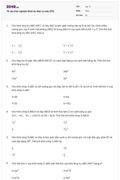 70 câu trắc nghiệm Khối đa diện cơ bản (P5)