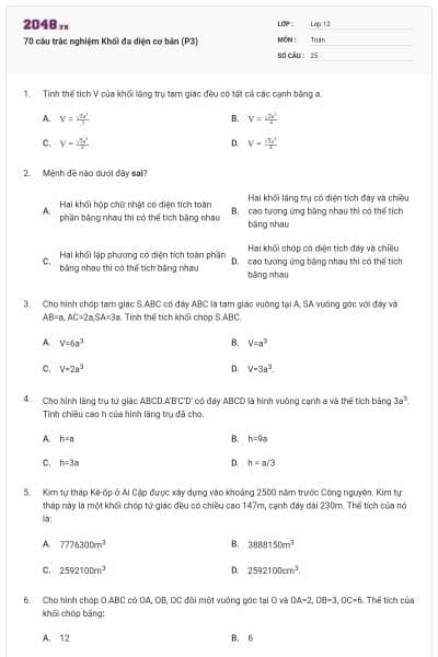70 câu trắc nghiệm Khối đa diện cơ bản (P3)
