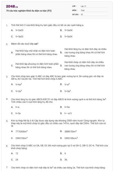 70 câu trắc nghiệm Khối đa diện cơ bản (P3)