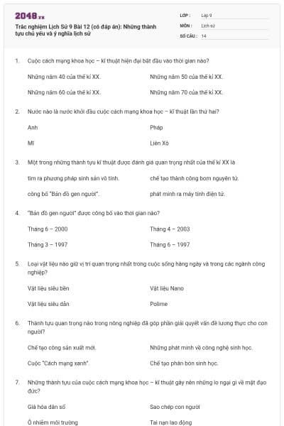 Trắc nghiệm Lịch Sử 9 Bài 12 (có đáp án): Những thành tựu chủ yếu và ý nghĩa lịch sử