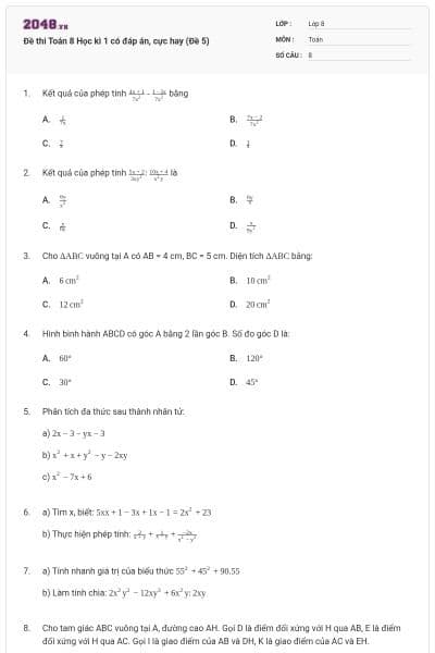 Đề thi Toán 8 Học kì 1 có đáp án, cực hay (Đề 5)