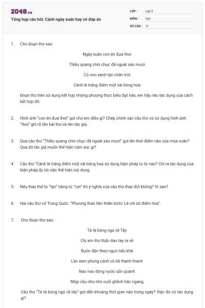 Tổng hợp câu hỏi: Cảnh ngày xuân hay có đáp án