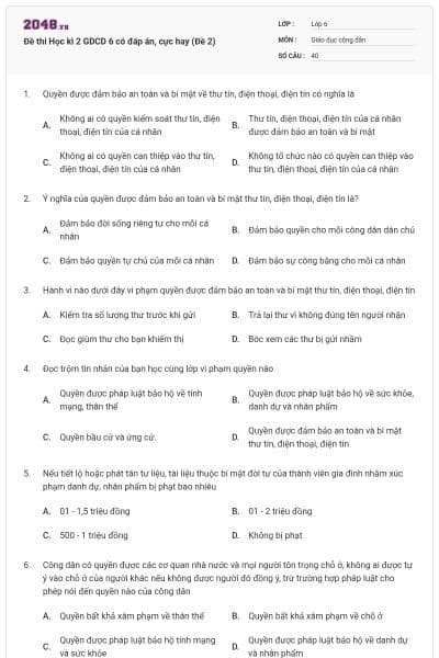 Đề thi Học kì 2 GDCD 6 có đáp án, cực hay (Đề 2)