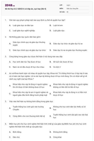 Đề thi Học kì 2 GDCD 6 có đáp án, cực hay (Đề 4)