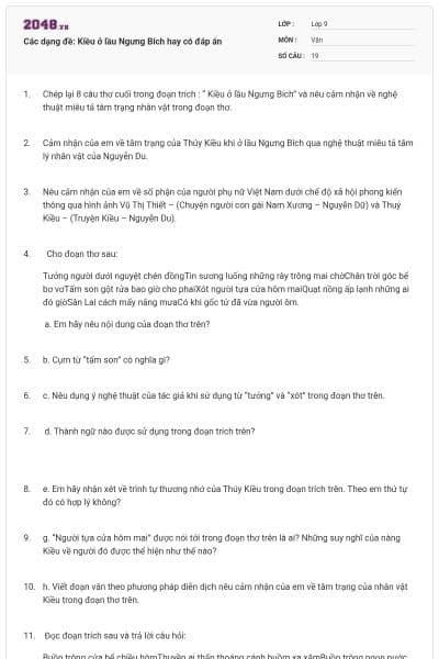 Các dạng đề: Kiều ở lầu Ngưng Bích hay có đáp án