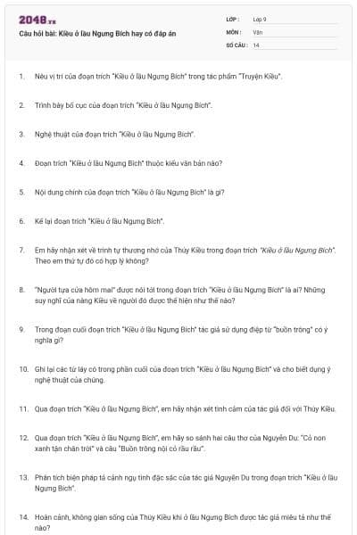 Câu hỏi bài: Kiều ở lầu Ngưng Bích hay có đáp án