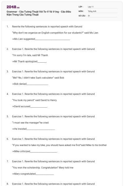 Grammar - Câu Tường Thuật Với To-V Và V-Ing - Câu Điều Kiện Trong Câu Tường Thuật