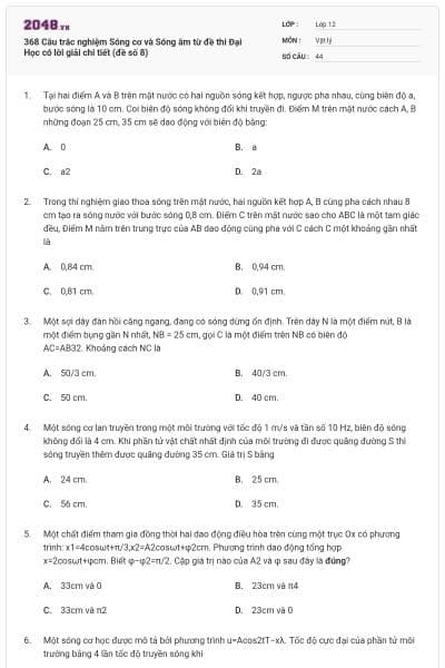 368 Câu trắc nghiệm Sóng cơ và Sóng âm từ đề thi Đại Học có lời giải chi tiết (đề số 8)