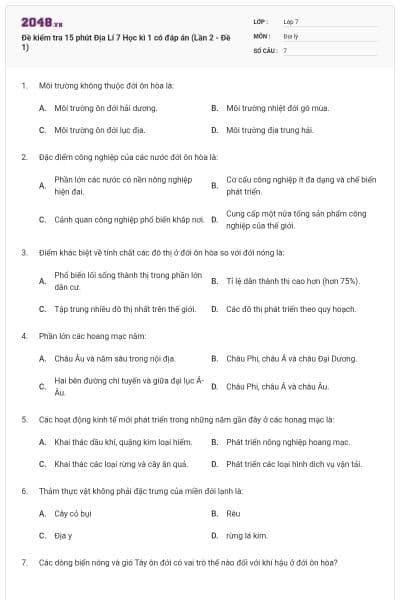 Đề kiểm tra 15 phút Địa Lí 7 Học kì 1 có đáp án (Lần 2 - Đề 1)