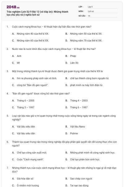 Trắc nghiệm Lịch Sử 9 Bài 12 (có đáp án): Những thành tựu chủ yếu và ý nghĩa lịch sử