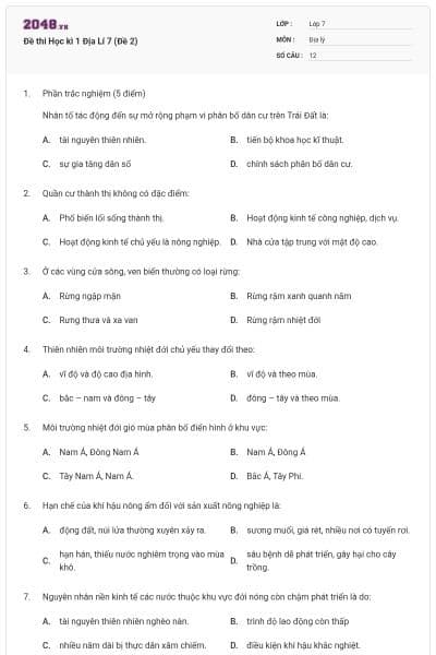 Đề thi Học kì 1 Địa Lí 7 (Đề 2)