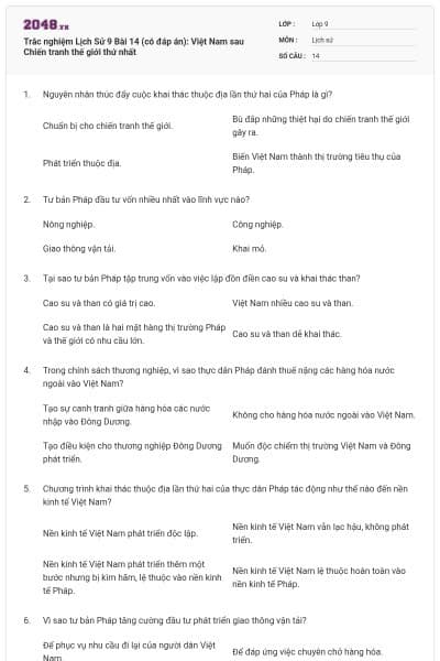 Trắc nghiệm Lịch Sử 9 Bài 14 (có đáp án): Việt Nam sau Chiến tranh thế giới thứ nhất