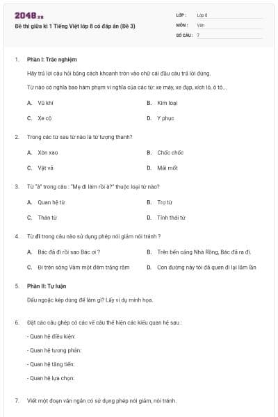 Đề thi giữa kì 1 Tiếng Việt lớp 8 có đáp án (Đề 3)