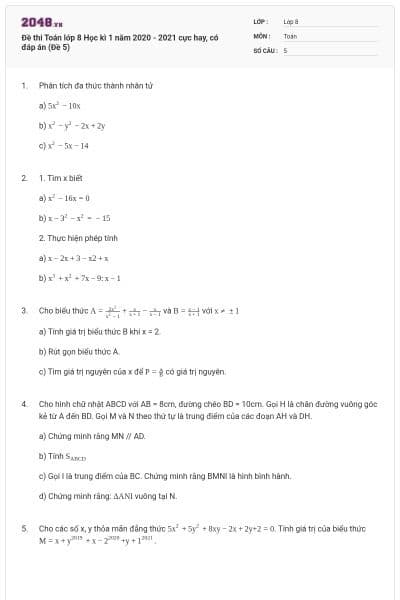 Đề thi Toán lớp 8 Học kì 1 năm 2020 - 2021 cực hay, có đáp án (Đề 5)