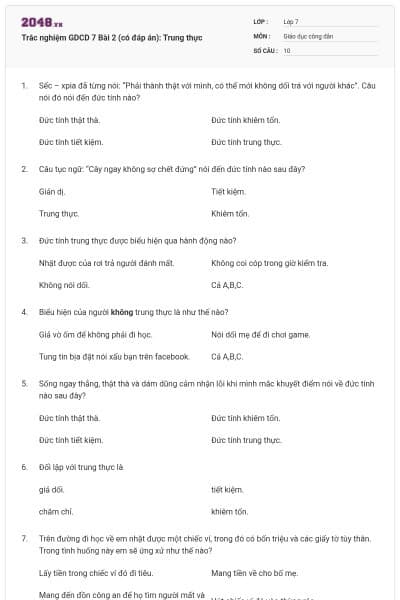 Trắc nghiệm GDCD 7 Bài 2 (có đáp án): Trung thực