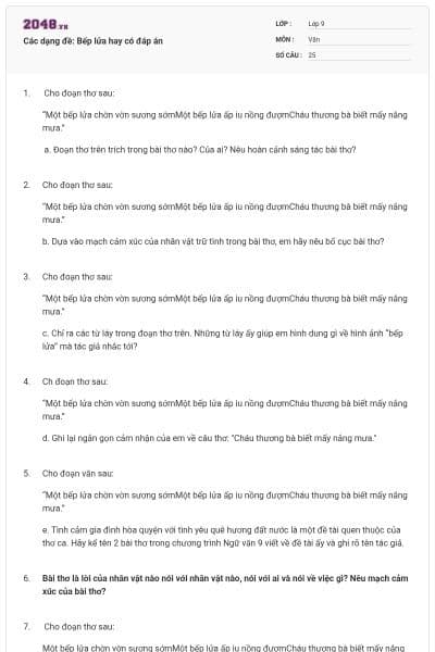 Các dạng đề: Bếp lửa hay có đáp án