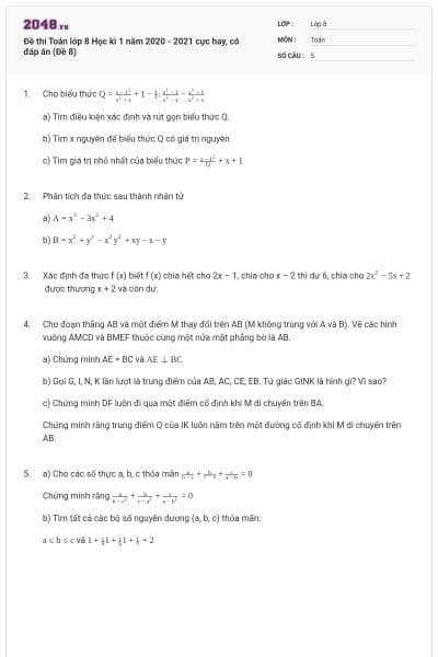 Đề thi Toán lớp 8 Học kì 1 năm 2020 - 2021 cực hay, có đáp án (Đề 8)