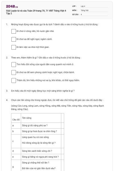 Giải Luyện từ và câu Tuần 29 trang 70, 71 VBT Tiếng Việt 4 Tập 2