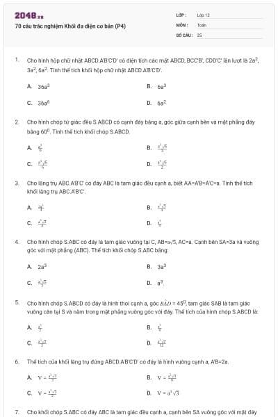 70 câu trắc nghiệm Khối đa diện cơ bản (P4)