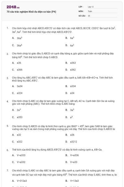 70 câu trắc nghiệm Khối đa diện cơ bản (P4)