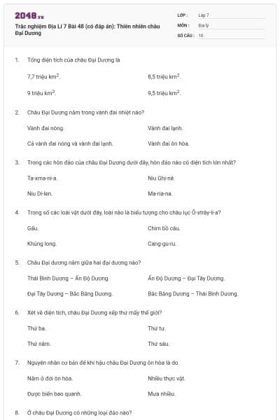 Trắc nghiệm Địa Lí 7 Bài 48 (có đáp án): Thiên nhiên châu Đại Dương