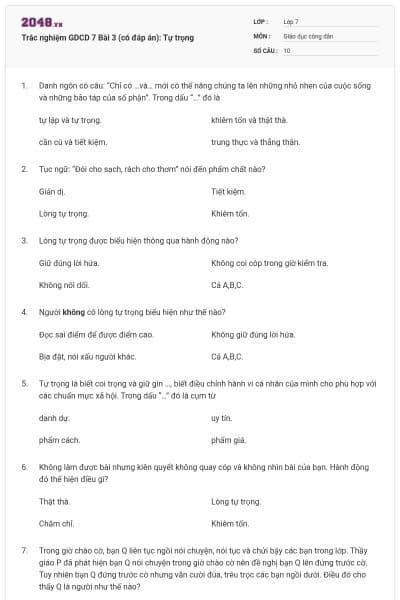 Trắc nghiệm GDCD 7 Bài 3 (có đáp án): Tự trọng