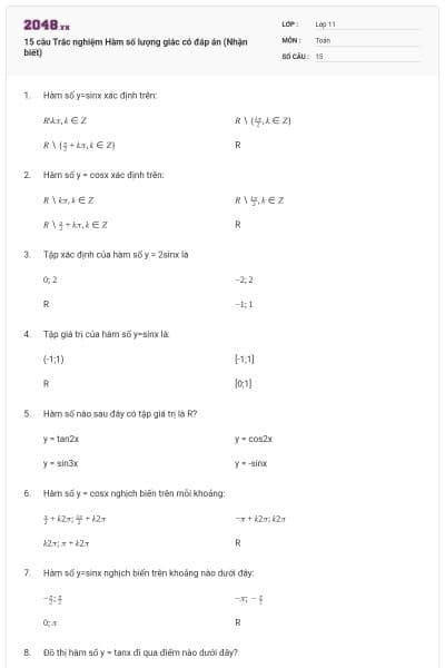 15 câu Trắc nghiệm Hàm số lượng giác có đáp án (Nhận biết)