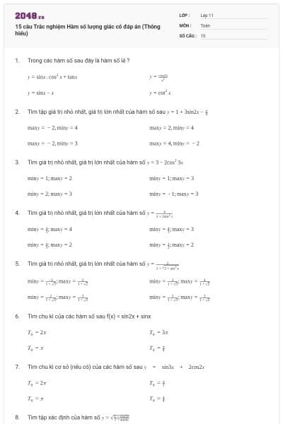 15 câu Trắc nghiệm Hàm số lượng giác có đáp án (Thông hiểu)