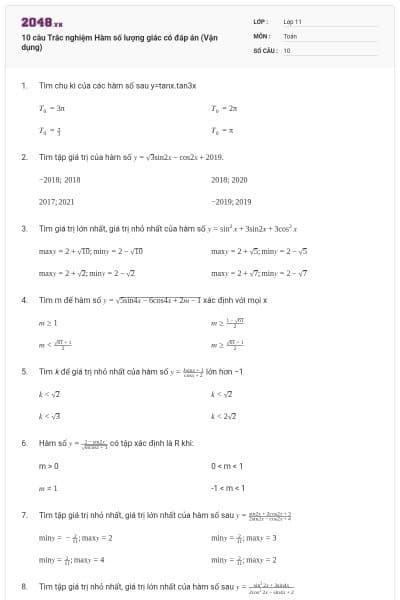 10 câu Trắc nghiệm Hàm số lượng giác có đáp án (Vận dụng)