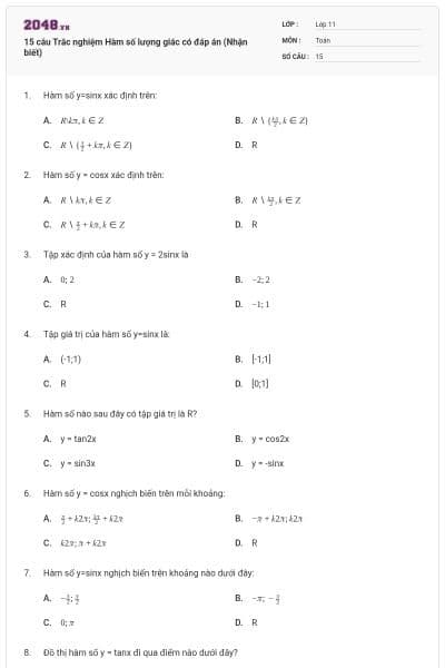 15 câu Trắc nghiệm Hàm số lượng giác có đáp án (Nhận biết)