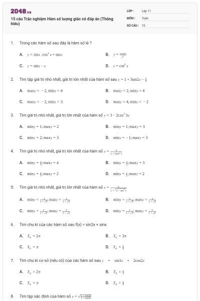 15 câu Trắc nghiệm Hàm số lượng giác có đáp án (Thông hiểu)