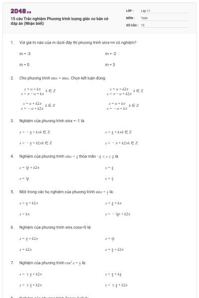 15 câu Trắc nghiệm Phương trình lượng giác cơ bản có đáp án (Nhận biết)