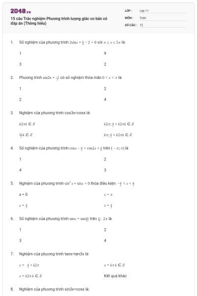 15 câu Trắc nghiệm Phương trình lượng giác cơ bản có đáp án (Thông hiểu)