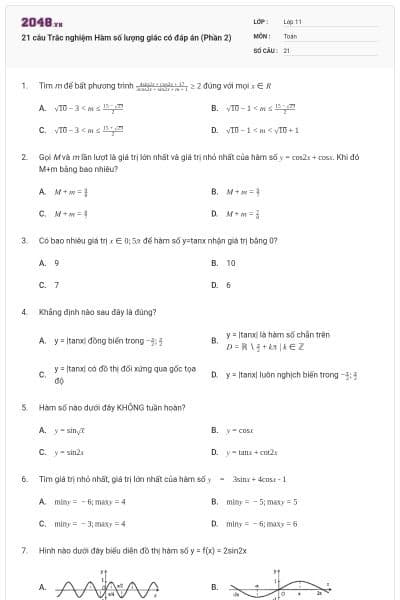 21 câu Trắc nghiệm Hàm số lượng giác có đáp án (Phần 2)