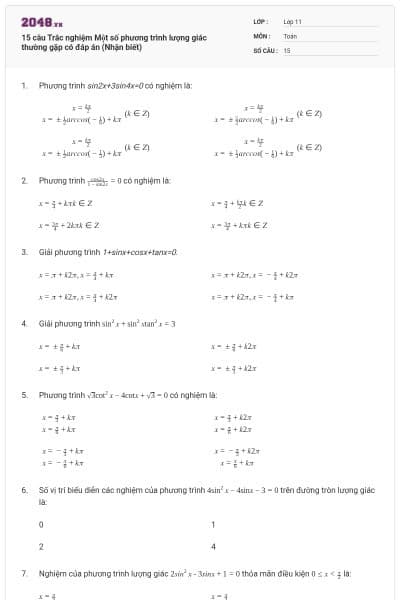 15 câu Trắc nghiệm Một số phương trình lượng giác thường gặp có đáp án (Nhận biết)