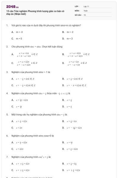 15 câu Trắc nghiệm Phương trình lượng giác cơ bản có đáp án (Nhận biết)