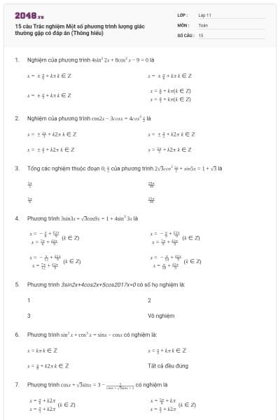 15 câu Trắc nghiệm Một số phương trình lượng giác thường gặp có đáp án (Thông hiểu)