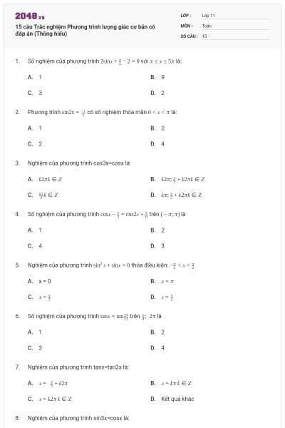 15 câu Trắc nghiệm Phương trình lượng giác cơ bản có đáp án (Thông hiểu)