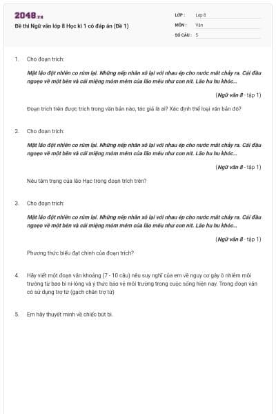 Đề thi Ngữ văn lớp 8 Học kì 1 có đáp án (Đề 1)