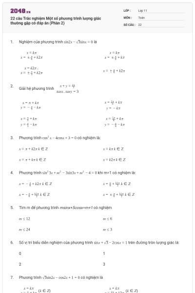22 câu Trắc nghiệm Một số phương trình lượng giác thường gặp có đáp án (Phần 2)