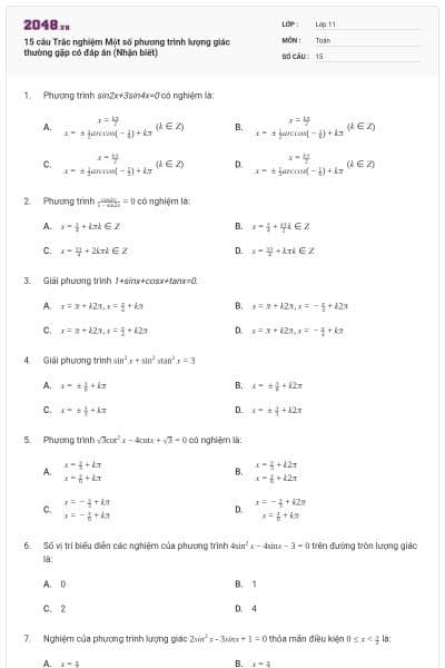15 câu Trắc nghiệm Một số phương trình lượng giác thường gặp có đáp án (Nhận biết)