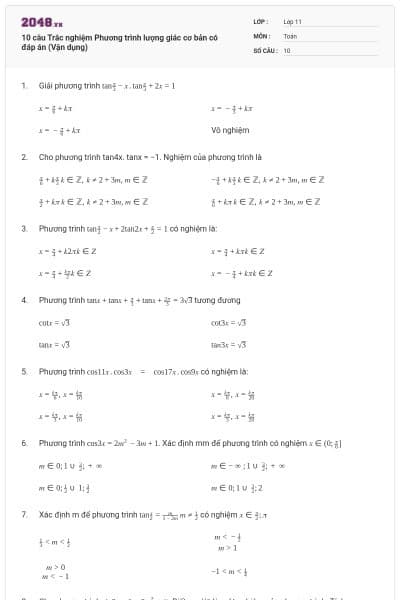 10 câu Trắc nghiệm Phương trình lượng giác cơ bản có đáp án (Vận dụng)
