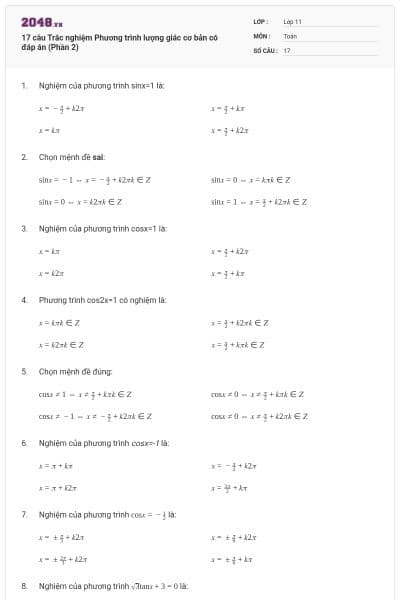 17 câu Trắc nghiệm Phương trình lượng giác cơ bản có đáp án (Phần 2)