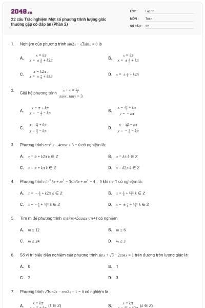 22 câu Trắc nghiệm Một số phương trình lượng giác thường gặp có đáp án (Phần 2)