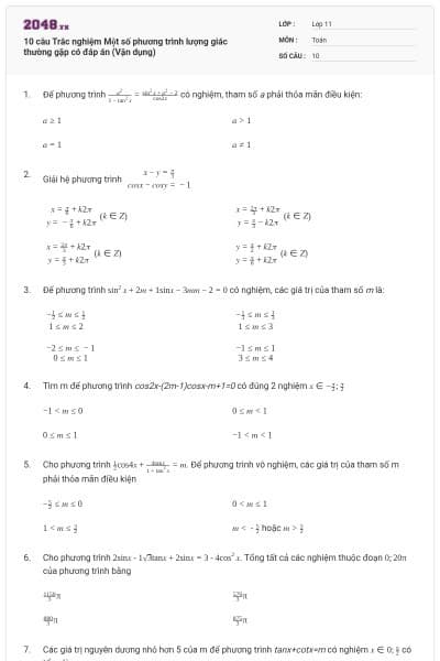 10 câu Trắc nghiệm Một số phương trình lượng giác thường gặp có đáp án (Vận dụng)
