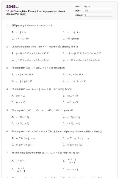 10 câu Trắc nghiệm Phương trình lượng giác cơ bản có đáp án (Vận dụng)