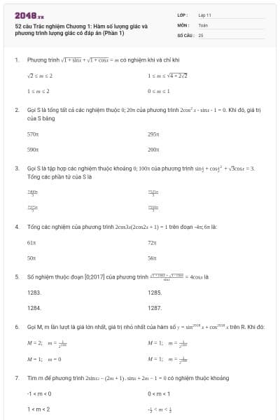 52 câu Trắc nghiệm Chương 1: Hàm số lượng giác và phương trình lượng giác có đáp án (Phần 1)